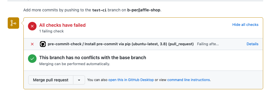 Screenshot of the failed test shown directly in the PR &quot;checks&quot; interface
